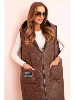 Dámská prošívaná vesta Plus Size s kapucí na zip hnědá