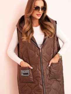 Dámská prošívaná vesta Plus Size s kapucí na zip hnědá
