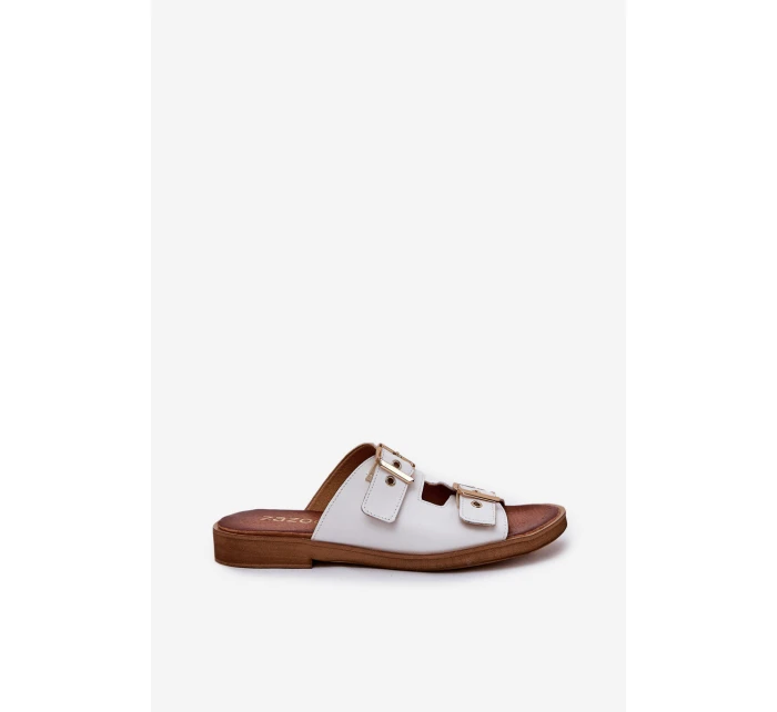 Kožené Ploché Sandály S Přezkami Bílé Zazoo 3020