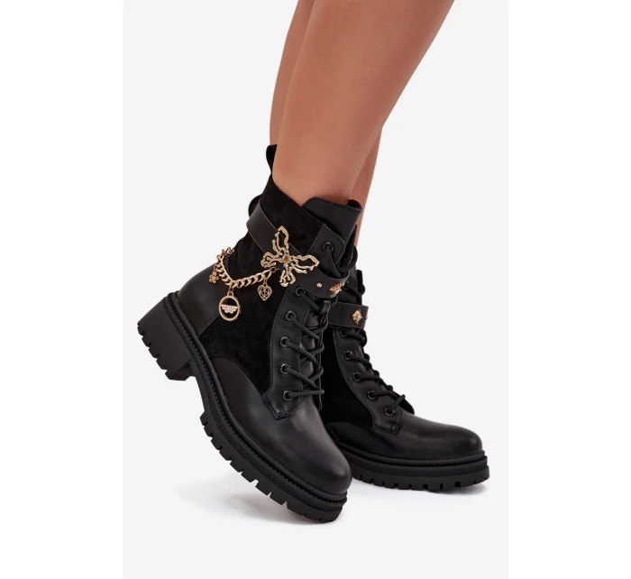 Dámské Pracovní Boty Zateplené Se Zlatým Řetězem A Přívěsky Černé Vessara