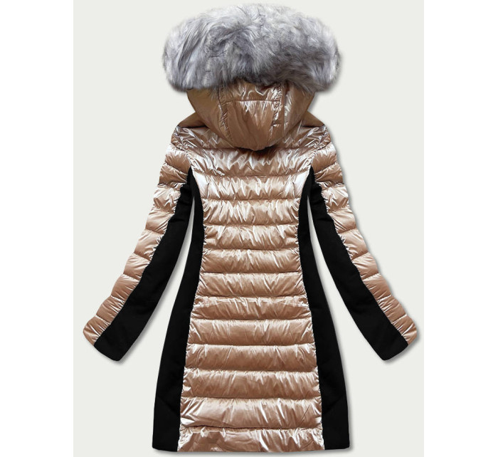 Béžová dámská zimní bunda z různých spojených materiálů (DK067-95)