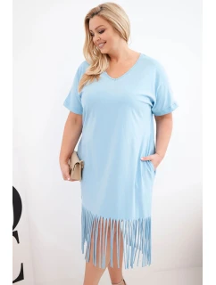 Dámské bavlněné šaty s výstřihem do V a třásněmi na spodním lemu modré