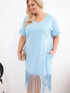 Dámské bavlněné šaty s výstřihem do V a třásněmi na spodním lemu modré