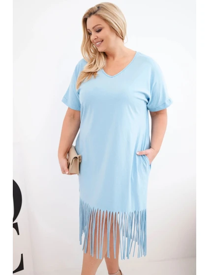 Dámské bavlněné šaty s výstřihem do V a třásněmi na spodním lemu modré