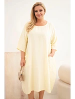 Dámské šaty plus size z viskózy s kapsami s krátkým rukávem žluté