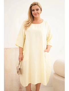 Dámské šaty plus size z viskózy s kapsami s krátkým rukávem žluté