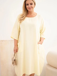 Dámské šaty plus size z viskózy s kapsami s krátkým rukávem žluté