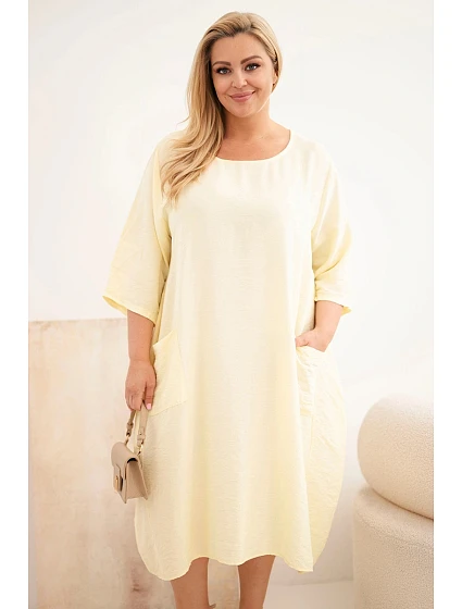 Dámské šaty plus size z viskózy s kapsami s krátkým rukávem žluté