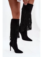 Dámské kozačky na jehlovém podpatku s třásněmi černé model 21709824 - Boto