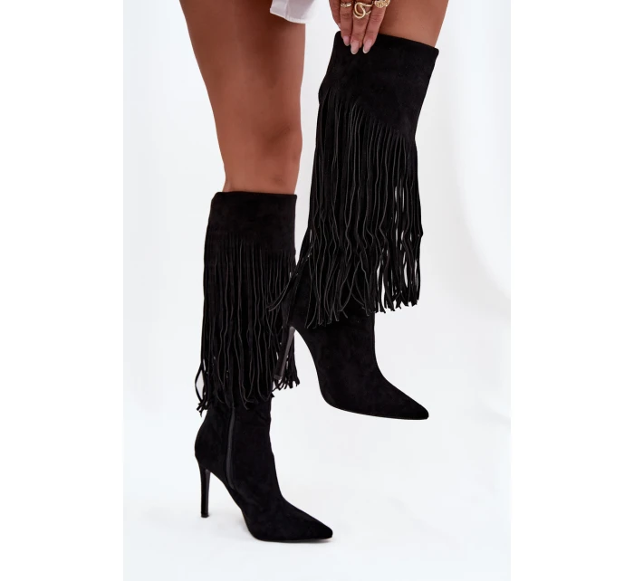 Dámské kozačky na jehlovém podpatku s třásněmi černé model 21709824 - Boto