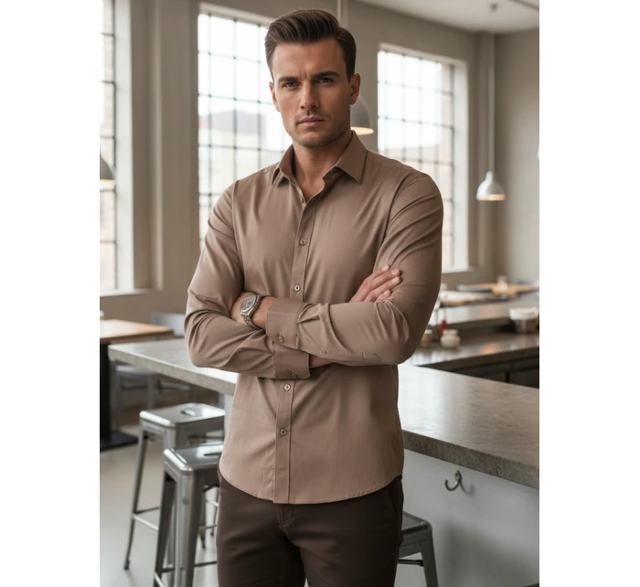 Pánská elegantní hladká béžová košile REGULAR FIT FashionStreet DX2686