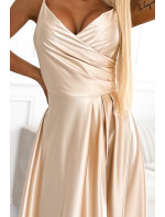 CHIARA - Elegantní zlaté dámské saténové maxi šaty na ramínkách 299-8