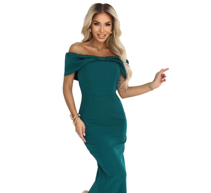 644-1 Smyslné španělské šaty midi s mašlí ve výstřihu - lahvově zelené 644-1 Smyslné španělské šaty midi s mašlí ve výstřihu - lahvově zelené