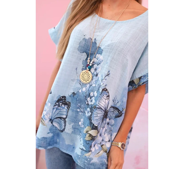 Dámská bavlněná košile s motýly a květinami modrý Dámská bavlněná košile s motýly a květinami modrý