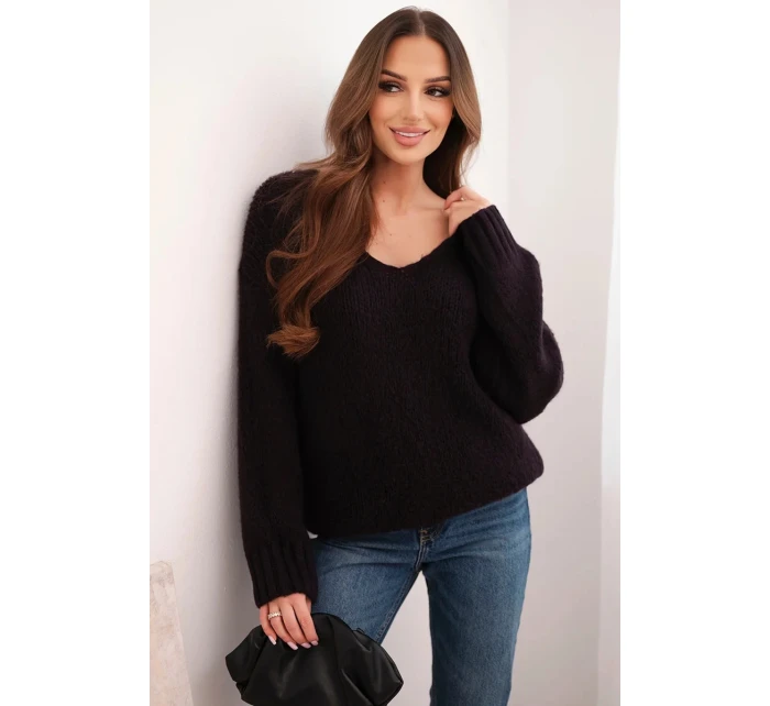 Dámský svetr s příměsí vlny s výstřihem do V švestkový Dámský svetr s příměsí vlny s výstřihem do V švestkový