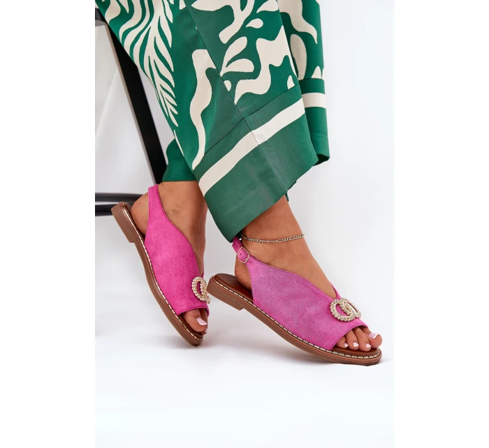 Dámské Sandály S Dekorací Na Plochém Podpatku Eko Sametové Růžové model 21685735 - Boto