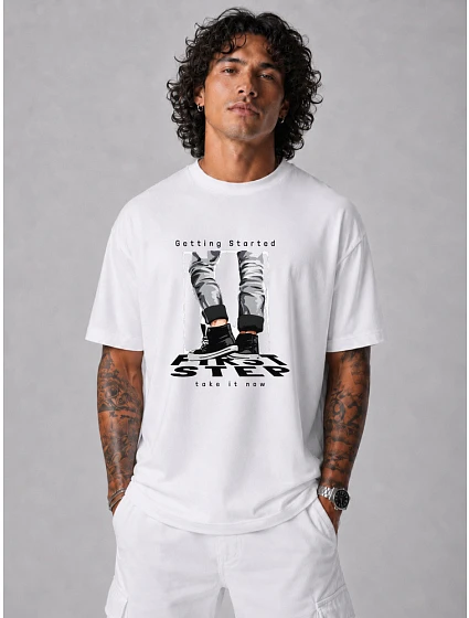 Tshirt męski z nadrukiem bawełniany oversize biały model 22216084 - FashionStreet