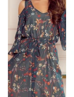 Vzdušné dámské šaty v zelené barvě s květinovým vzorem a s dekoltem model 20914061 - numoco