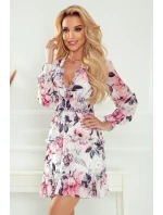 421-1 Šifonové šaty s volánky a širokou gumou - RŮŽOVÉ KVĚTY