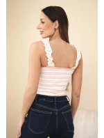 Dámská žebrovaná pruhovaná halenka na ramínkách s volánkem pudrově růžová