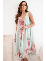 Dámské bavlněné oversize šaty s výstřihem do V a květinovým potiskem tmavě mátové