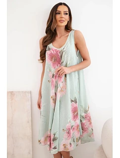 Dámské bavlněné oversize šaty s výstřihem do V a květinovým potiskem tmavě mátové