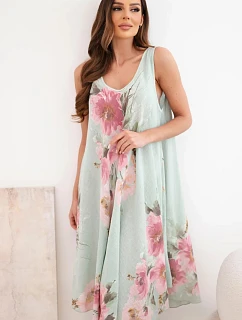 Dámské bavlněné oversize šaty s výstřihem do V a květinovým potiskem tmavě mátové