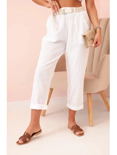Dámské model 21219995 kalhoty s bavlnou a páskem bílé - K-Fashion