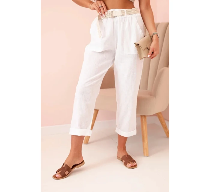 Dámské model 21219995 kalhoty s bavlnou a páskem bílé - K-Fashion