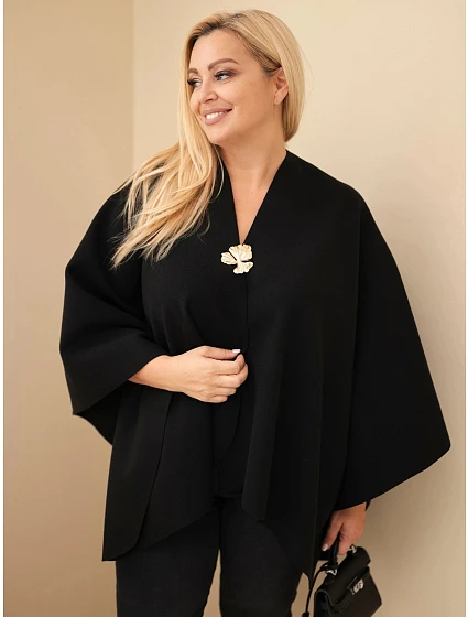 Dámské pončo Plus Size s broží černá Dámské pončo Plus Size s broží černá
