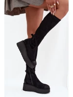 Dámské kozačky nad kolena na platformě a klínku Vinceza – černé Dámské kozačky nad kolena na platformě a klínku Vinceza – černé