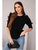 Dámský svetr s krátkým rukávem a ozdobnými mašličkami černý