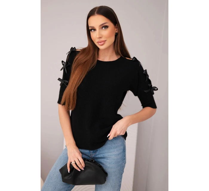 Dámský svetr s krátkým rukávem a ozdobnými mašličkami černý