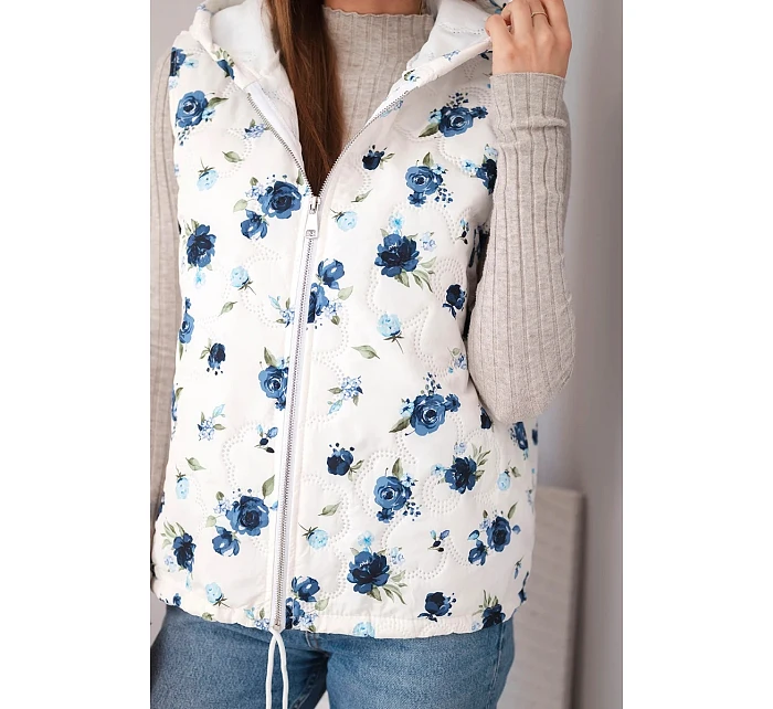Dámská prošívaná vesta s květinovým vzorem a kapucí námořnická modrá