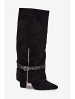 Dámské wsuwané kozačky nad koleno na sloupkovém podpatku s ozdobným páskem Jolivine – černé