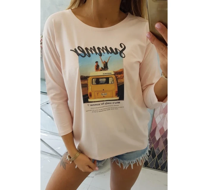 Halenka s potiskem Letní auto pudrově růžové