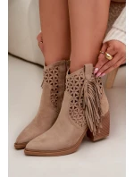 Dámské perforované kožené boty s kovbojským vzhledem na podpätku s třásněmi Béžové Calissey