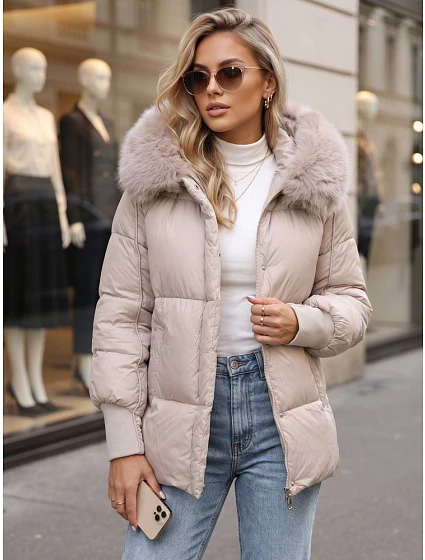 Dámská zimní prošívaná bunda s kapucí, světle béžová, FashionStreet TY6001 Dámská zimní prošívaná bunda s kapucí, světle béžová, FashionStreet TY6001