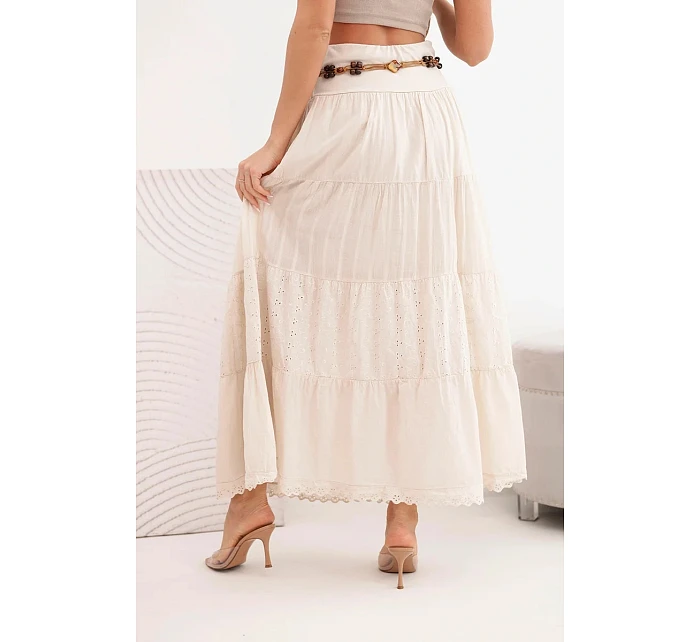 Dámská maxi bavlněná sukně s ažurovým model 22048741 a elastickým pasem béžová - K-Fashion