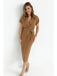 model 20589668 Košilové šaty s páskem na zavázání béžové - STYLOVE