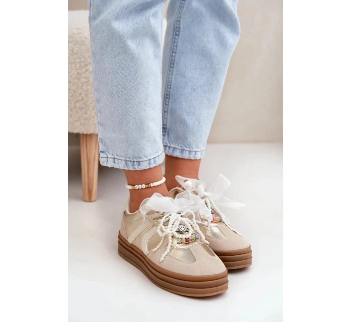 Dámské tenisky na platformě s ozdobami – béžovo-zlaté Vinness Dámské tenisky na platformě s ozdobami – béžovo-zlaté Vinness