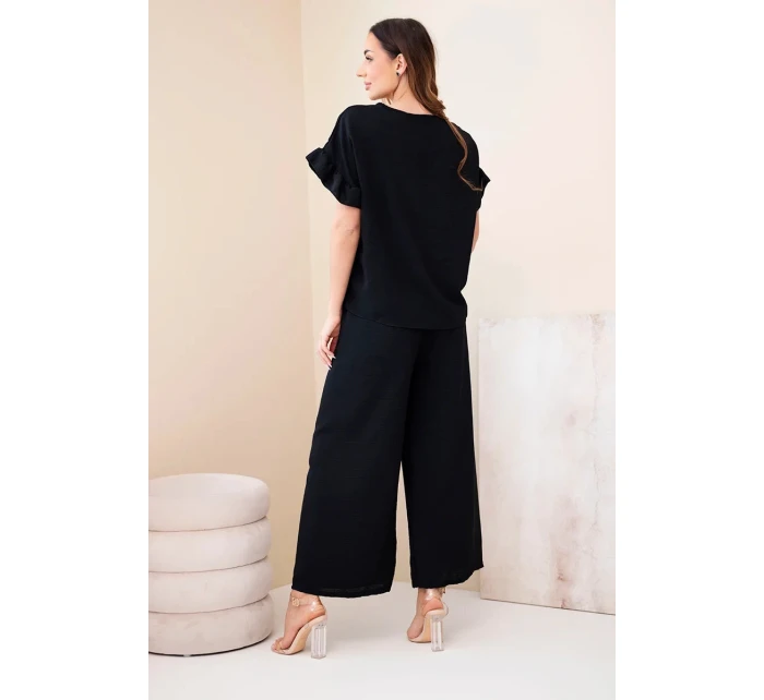 Dámský viskózový komplet s halenkou s potiskem a kalhotami černý