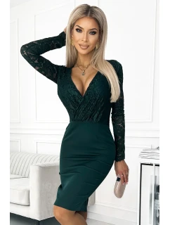 Elegantní dámské tužkové šaty v lahvově zelené barvě s krajkovým výstřihem model 18439926 - numoco