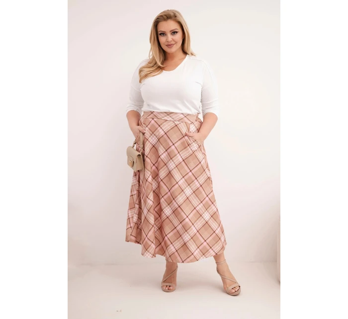 Dámská sukně Plus Size v kostkovaném vzoru s širokým lemem camelová