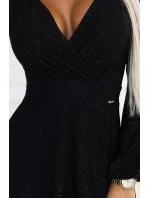 Černé dlouhé lesklé dámské šaty s výstřihem a dlouhými rukávy model 20620011 - numoco