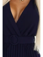 607-3 Plisované midi šaty LYRA s obálkovým výstřihem a širokým páskem - ZELENÉ