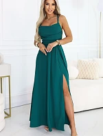 589-6 Maxi šaty bez ramínek s korzetovým zavazováním na zádech a rozparkem - lahvově zelené