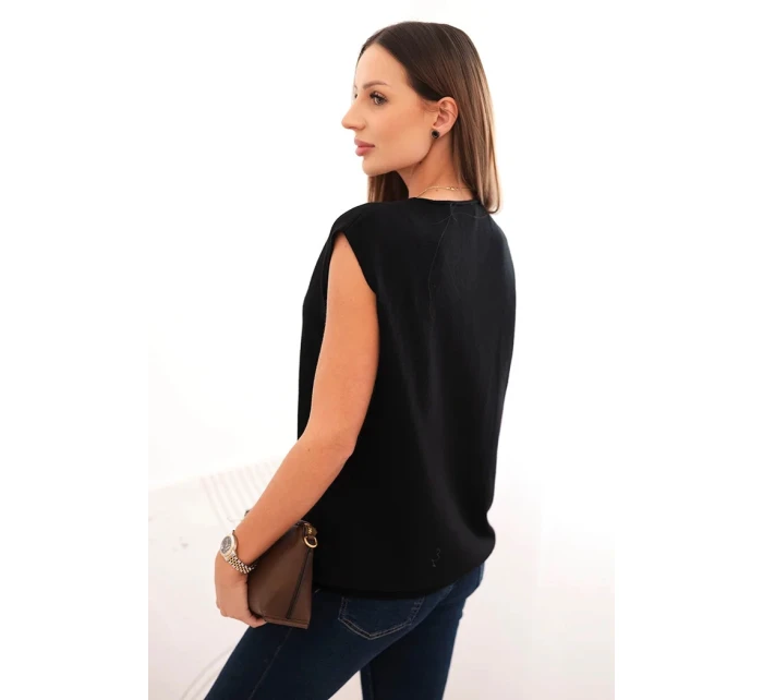 Dámský viskózový svetr bez rukávů s kapsami a výstřihem do V černý Dámský viskózový svetr bez rukávů s kapsami a výstřihem do V černý