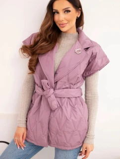 Dámská prošívaná vesta s páskem a širokým límcem tmavě růžová