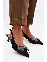 Kožené semišové sandály s mašlí na podpatku model 22100311 černé - D&A